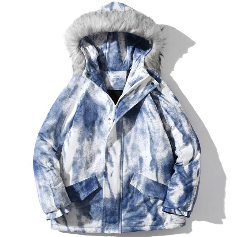 Parkas Winter Jacket Men Distressed Tie Dye Inkjet Printed Padded