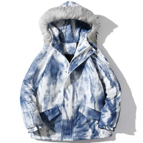 Parkas Winter Jacket Men Distressed Tie Dye Inkjet Printed Padded