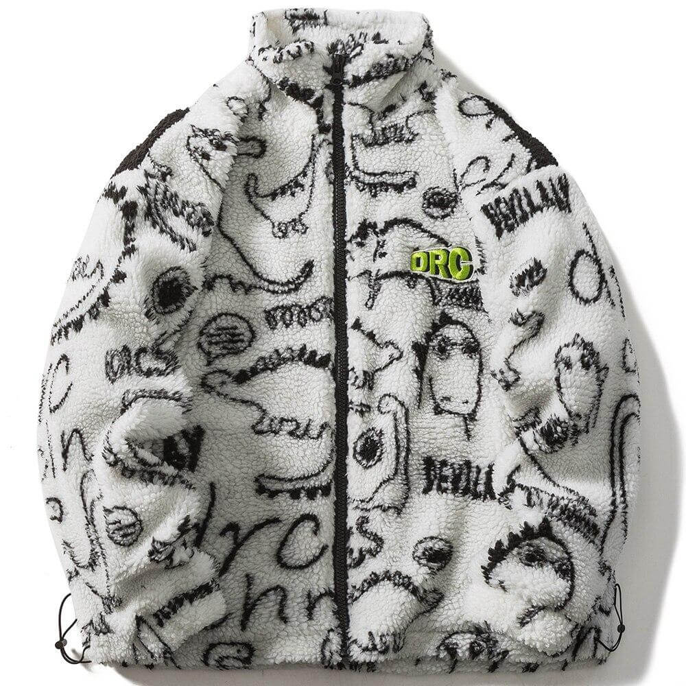 Lambswool Parkas Winter Jacket Men Dinosaur Graffiti Fuzzy Casual