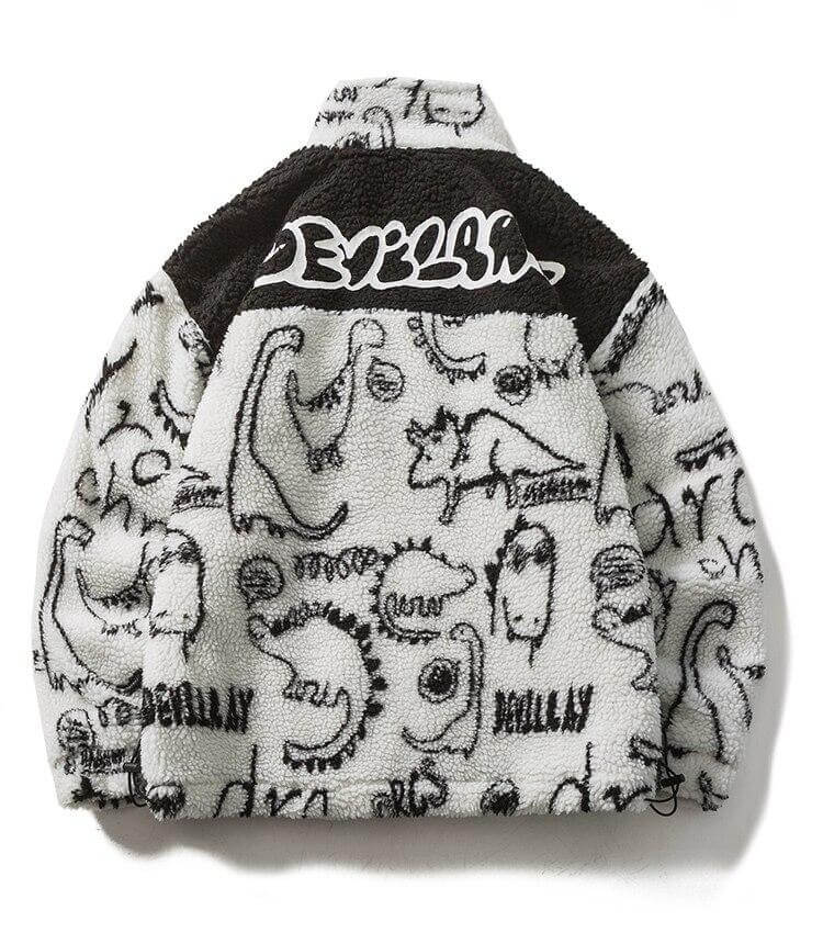 Lambswool Parkas Winter Jacket Men Dinosaur Graffiti Fuzzy Casual