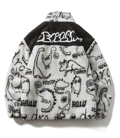 Lambswool Parkas Winter Jacket Men Dinosaur Graffiti Fuzzy Casual