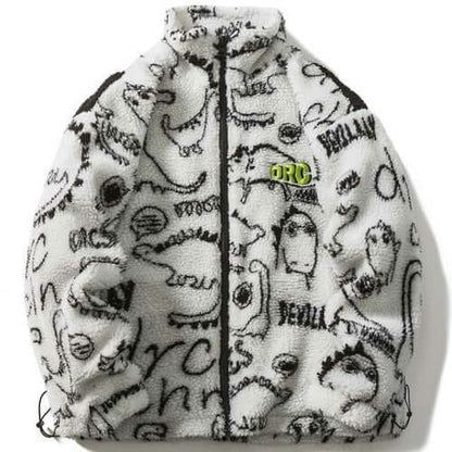 Lambswool Parkas Winter Jacket Men Dinosaur Graffiti Fuzzy Casual