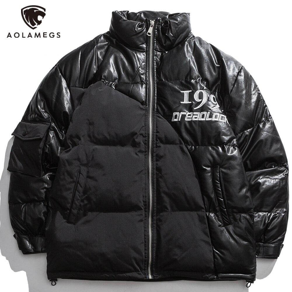 Parka Jacket Men Embroidery Patchwork Pocket Cotton Coat Winter