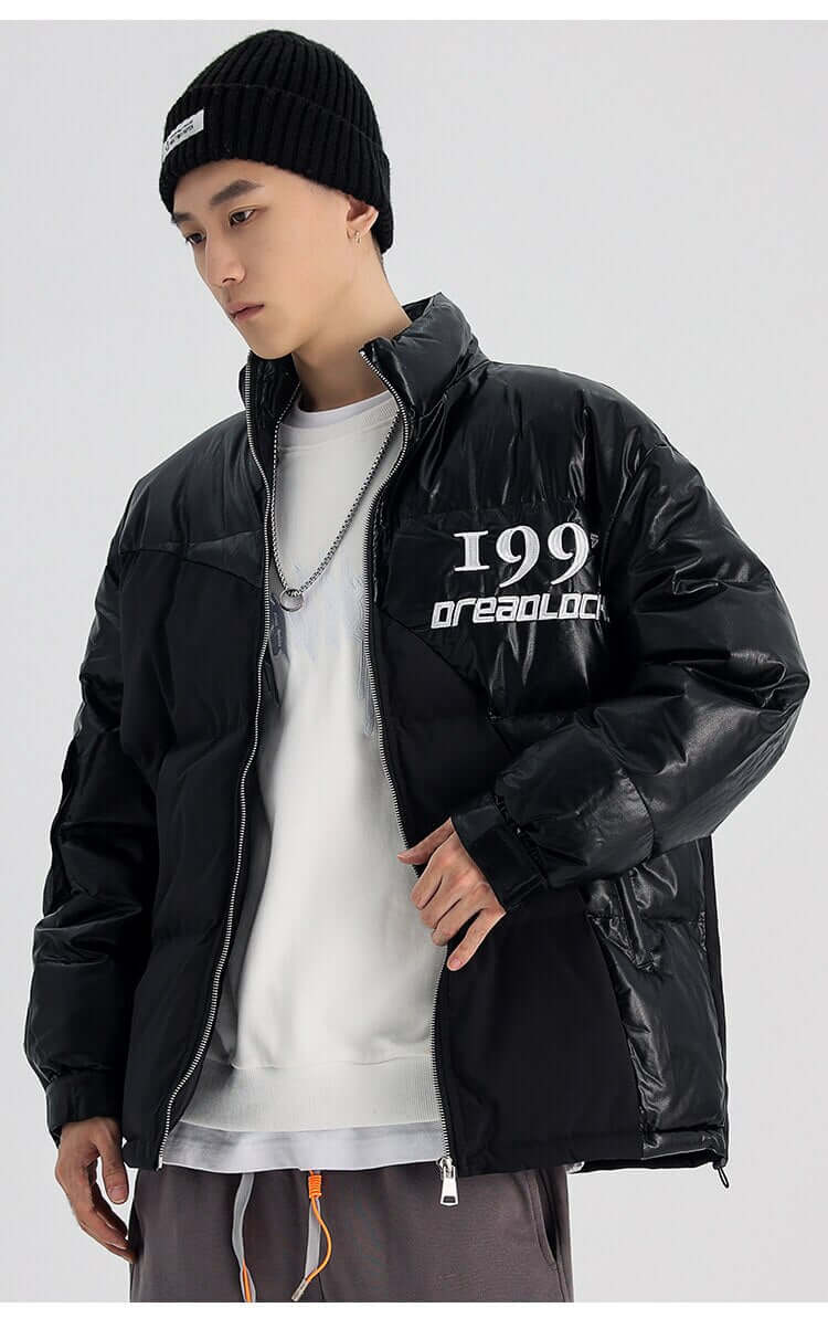 Parka Jacket Men Embroidery Patchwork Pocket Cotton Coat Winter