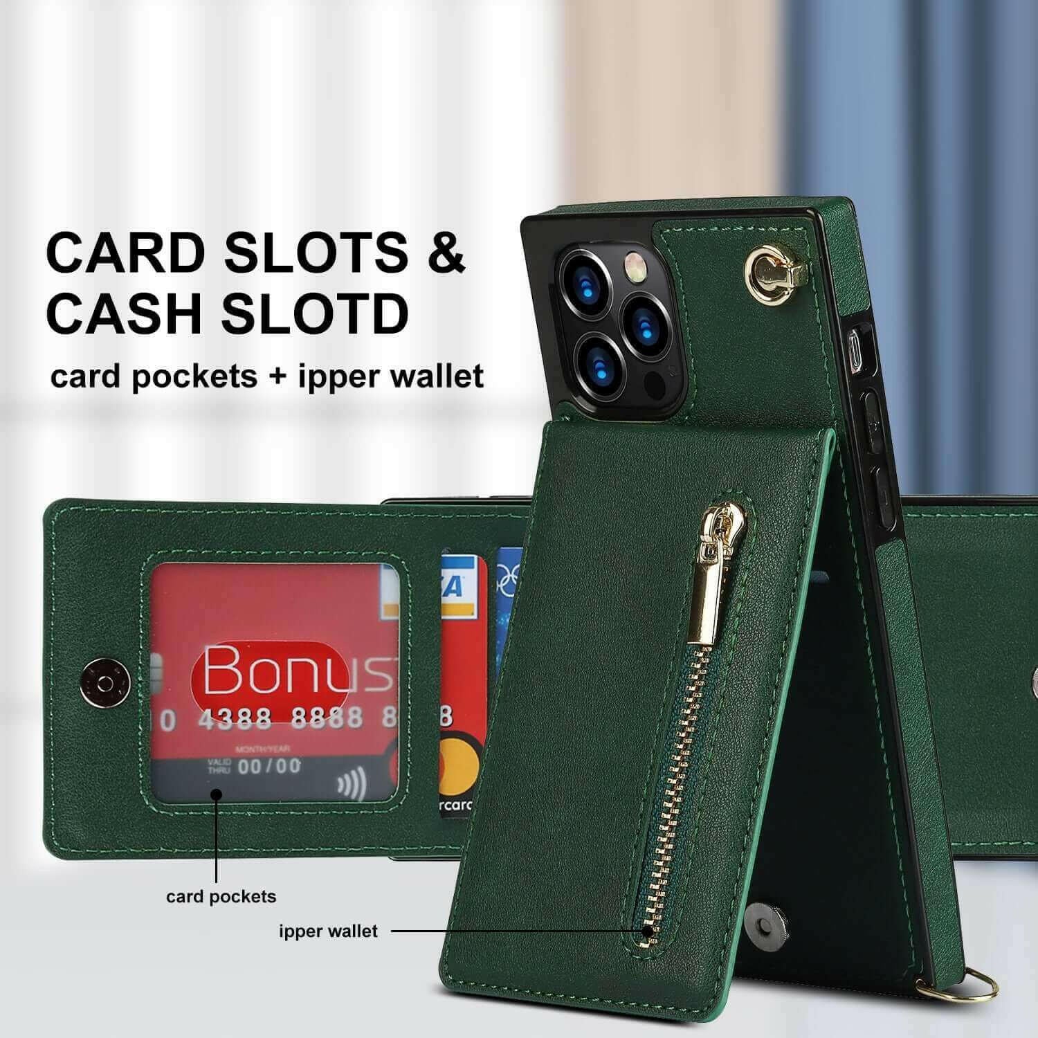 Slim Zipper Wallet Back Case for iPhone With Crossbody Strap.