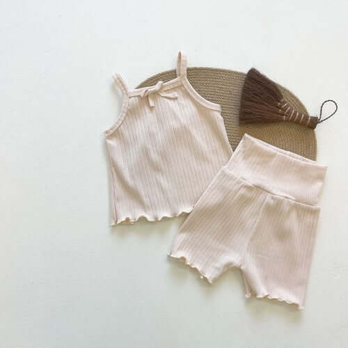 Baby Girl Ribbed Knit Lettuce Trim Design Sling Tops &amp; Shorts Sets