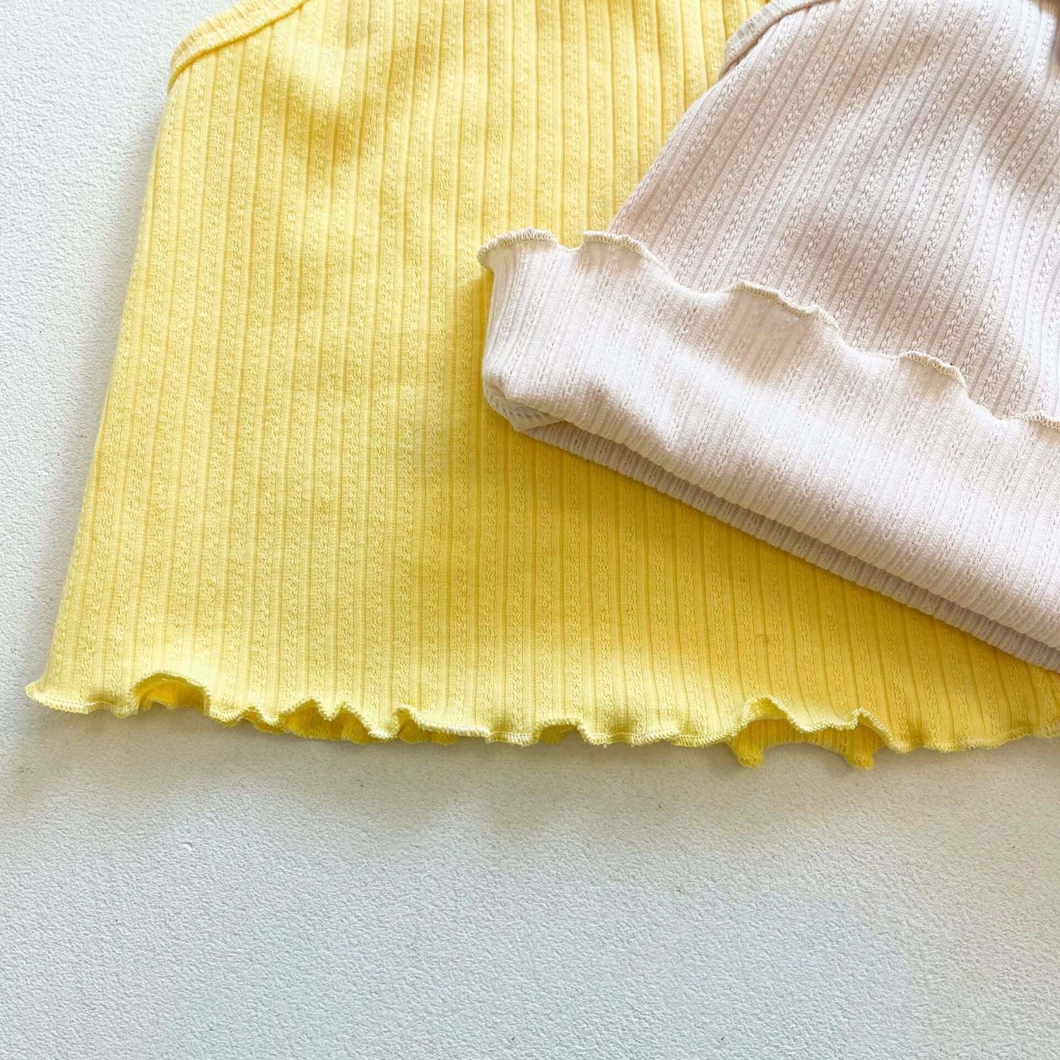 Baby Girl Ribbed Knit Lettuce Trim Design Sling Tops &amp; Shorts Sets