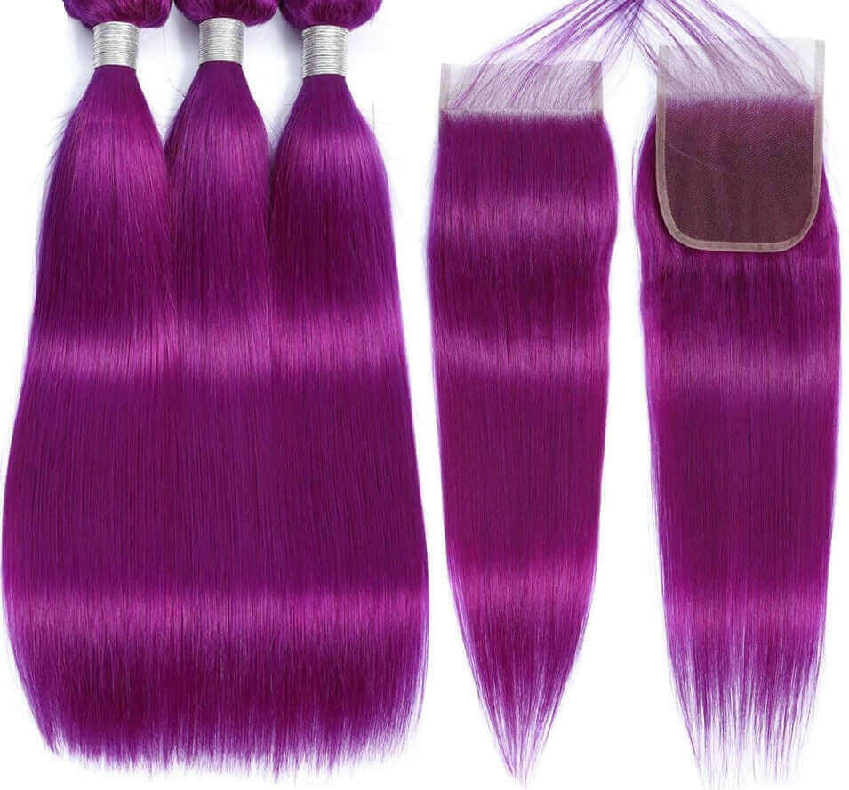 Purple 10A Grade Silver #1B/ purple  3/4 Straight BUNDLES with CLOSURE.