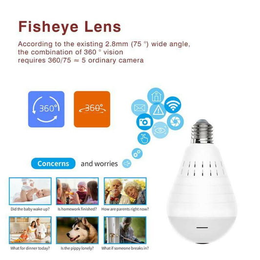 Wireless Panoramic VR bulb Camera HD WIFI Bulb Light IP Camera FishEye.