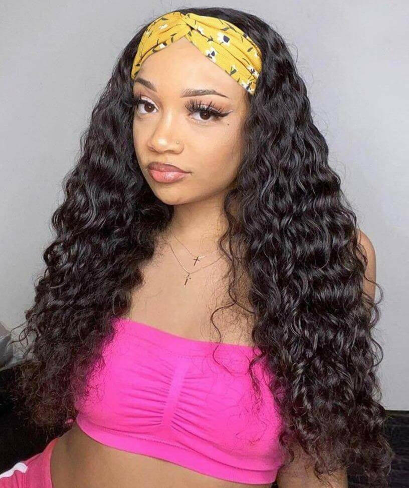 Headband Wig Water Wave Human Hair Scarf Wig No GLUE Easy Wear.