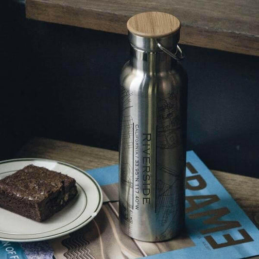 Riverside - California Map Bottle with Bamboo Top in Matte Black.