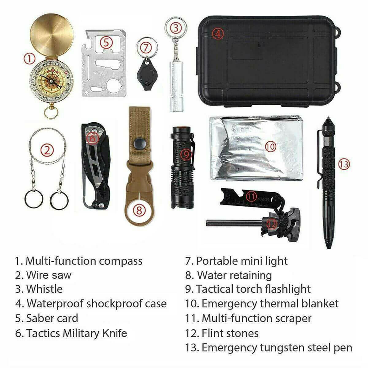 14 in 1 Outdoor Emergency Survival And Safety Gear Kit Camping.