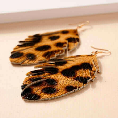 Animal Print Feather Dangling Earrings.