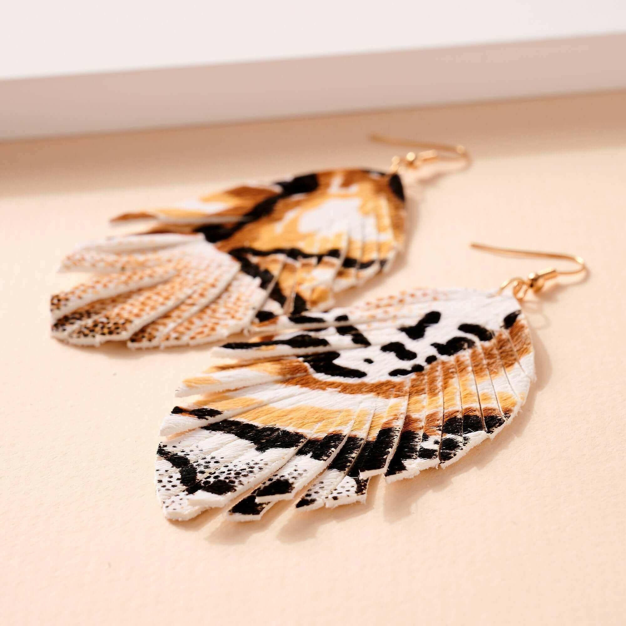 Animal Print Feather Dangling Earrings.