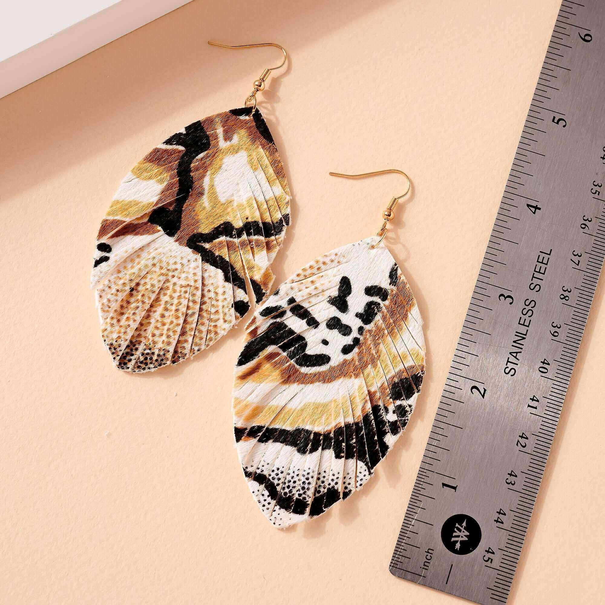 Animal Print Feather Dangling Earrings.