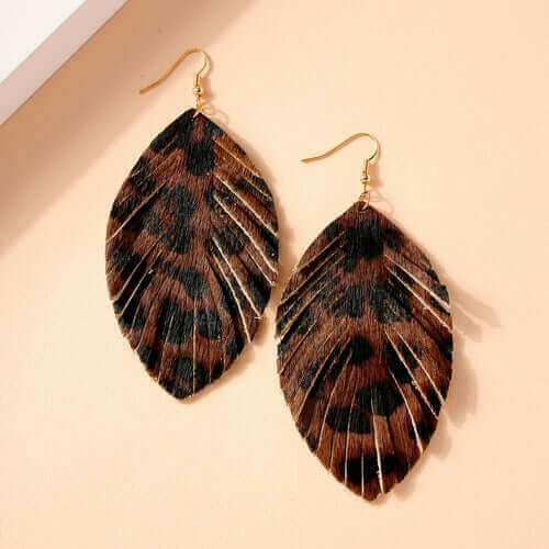 Animal Print Feather Dangling Earrings.