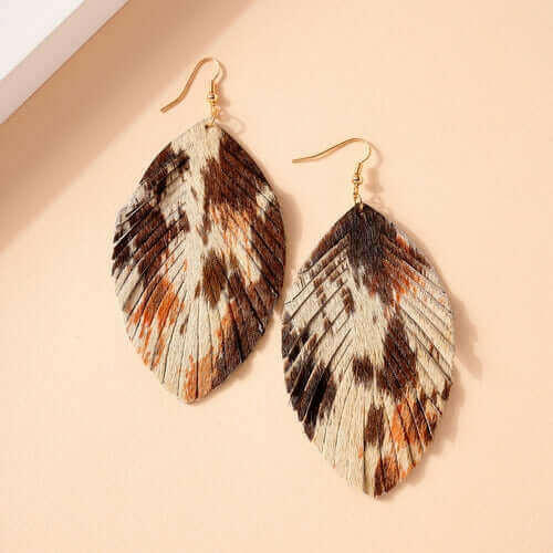 Animal Print Feather Dangling Earrings.