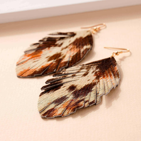 Animal Print Feather Dangling Earrings.