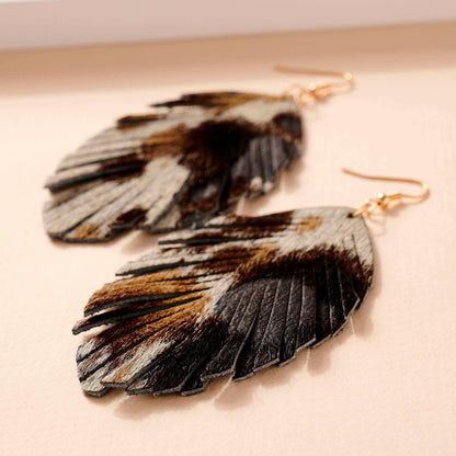 Animal Print Feather Dangling Earrings.