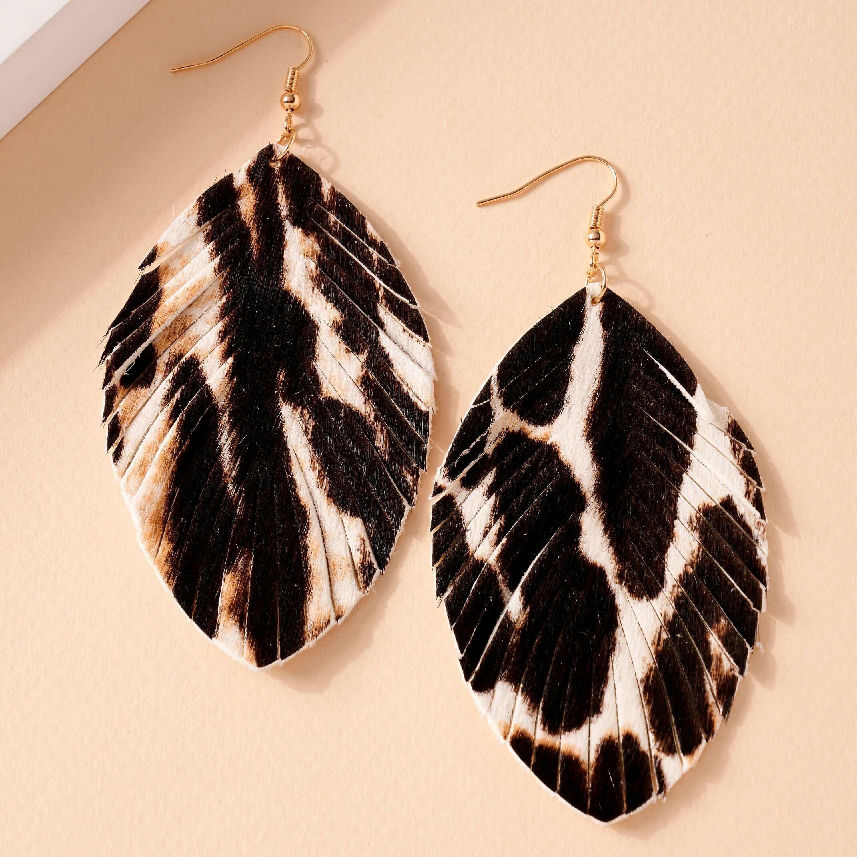 Animal Print Feather Dangling Earrings.