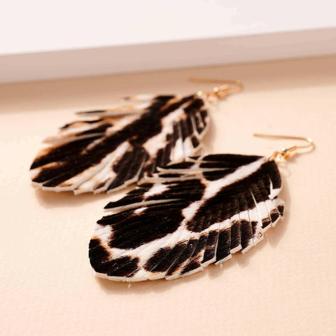 Animal Print Feather Dangling Earrings.