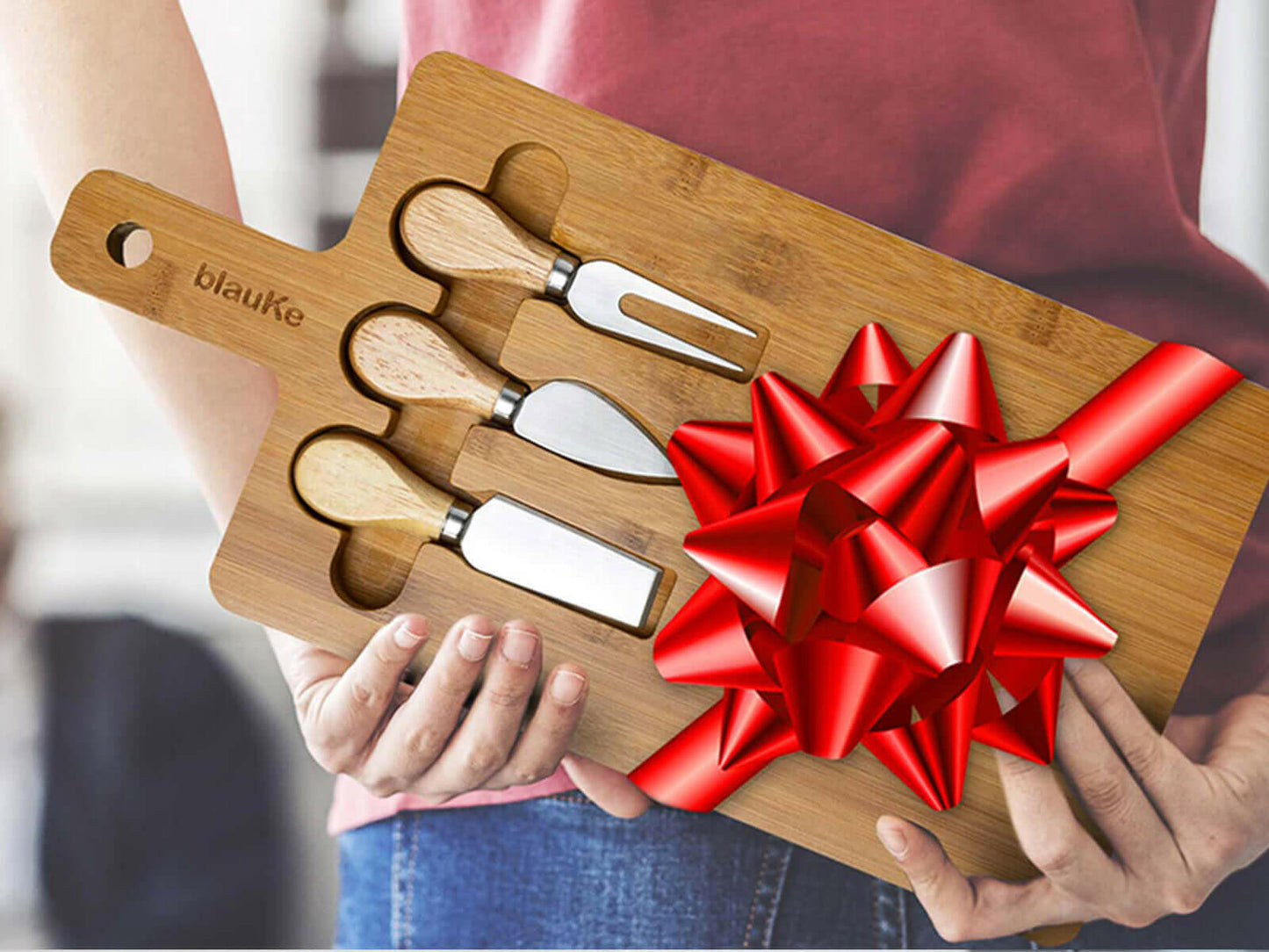 Bamboo Cheese Board and Knife Set - 12x8 inch Charcuterie Board.