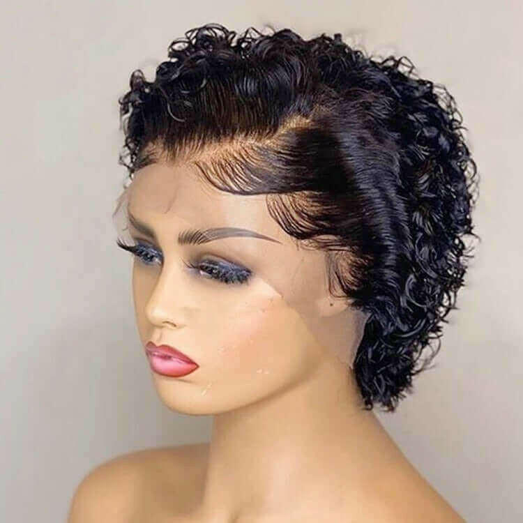 Ombre Short Pixie Cut 13x4x1 T Lace Front Curly Human Hair Wigs 8 Inch.