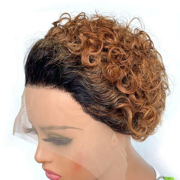 Ombre Short Pixie Cut 13x4x1 T Lace Front Curly Human Hair Wigs 8 Inch.