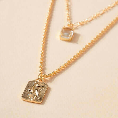 Glass Stone Coin Charm Layered Necklace.