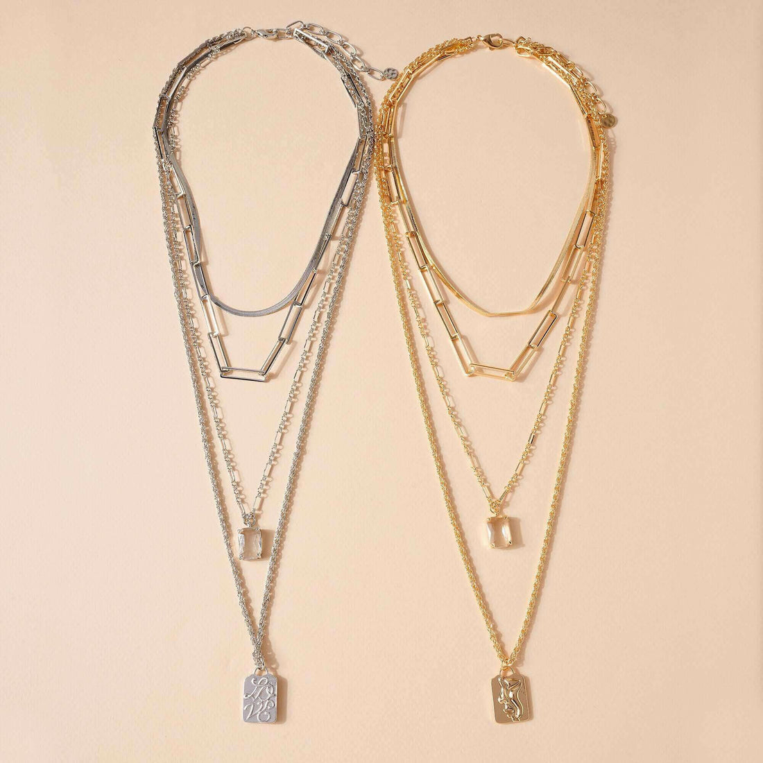 Glass Stone Coin Charm Layered Necklace