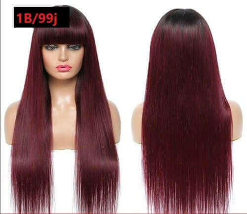 #1B/99J Brazilian Straight Human Hair Wigs with Bangs #99J No Glue Wig.