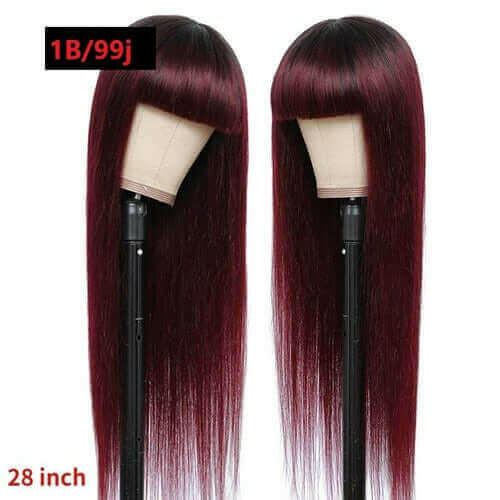 #1B/99J Brazilian Straight Human Hair Wigs with Bangs #99J No Glue Wig.