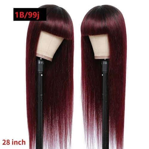 #1B/99J Brazilian Straight Human Hair Wigs with Bangs #99J No Glue Wig