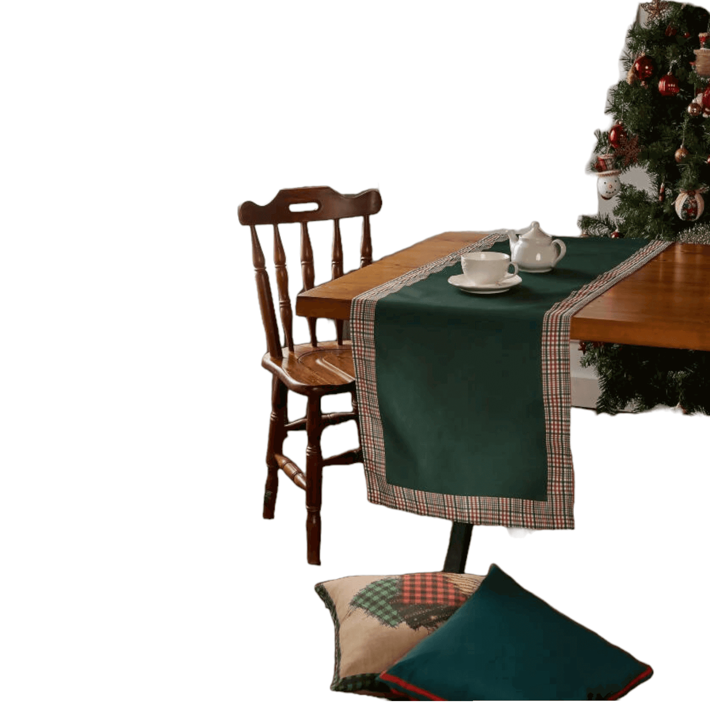 Hunter Green and Red Runner with Plaid Border, Holiday Decor.