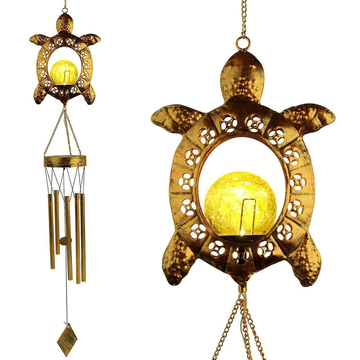 Solar Turtle Wind Chime Light with Crackle Glass Ball Outdoor Decor