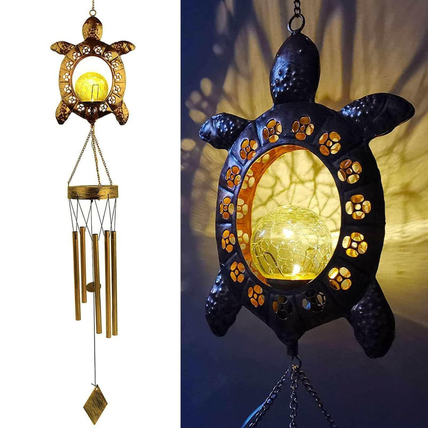 Solar Turtle Wind Chime Light with Crackle Glass Ball Outdoor Decor.