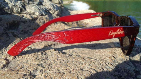 Red Bamboo Tortoise Framed Sunglasses With Wood Case, Artisan Engraved.