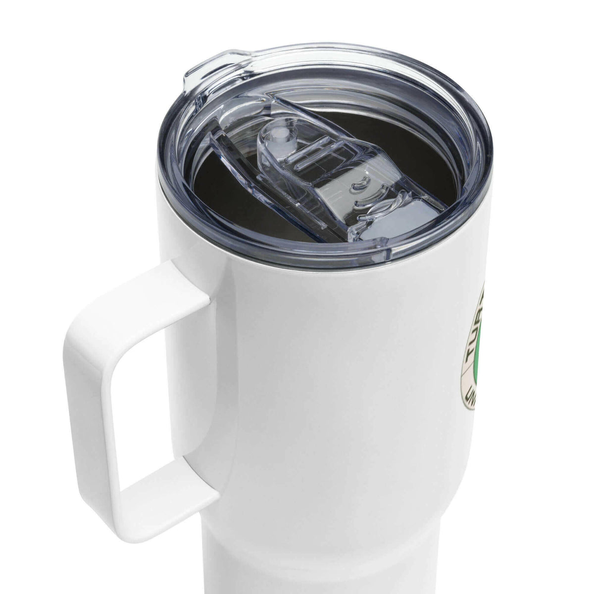 Travel mug with a handle.