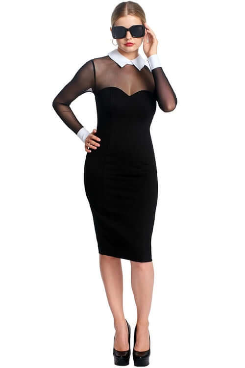 Tuxedo Illusion Sheath Dress - Long Sleeve Midi Dress, Black &amp; White