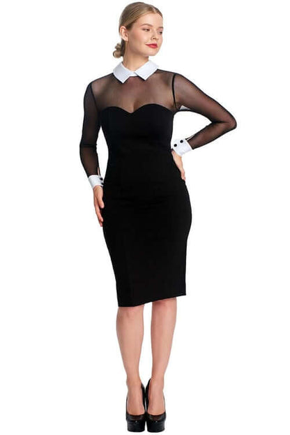 Tuxedo Illusion Sheath Dress - Long Sleeve Midi Dress, Black &amp; White