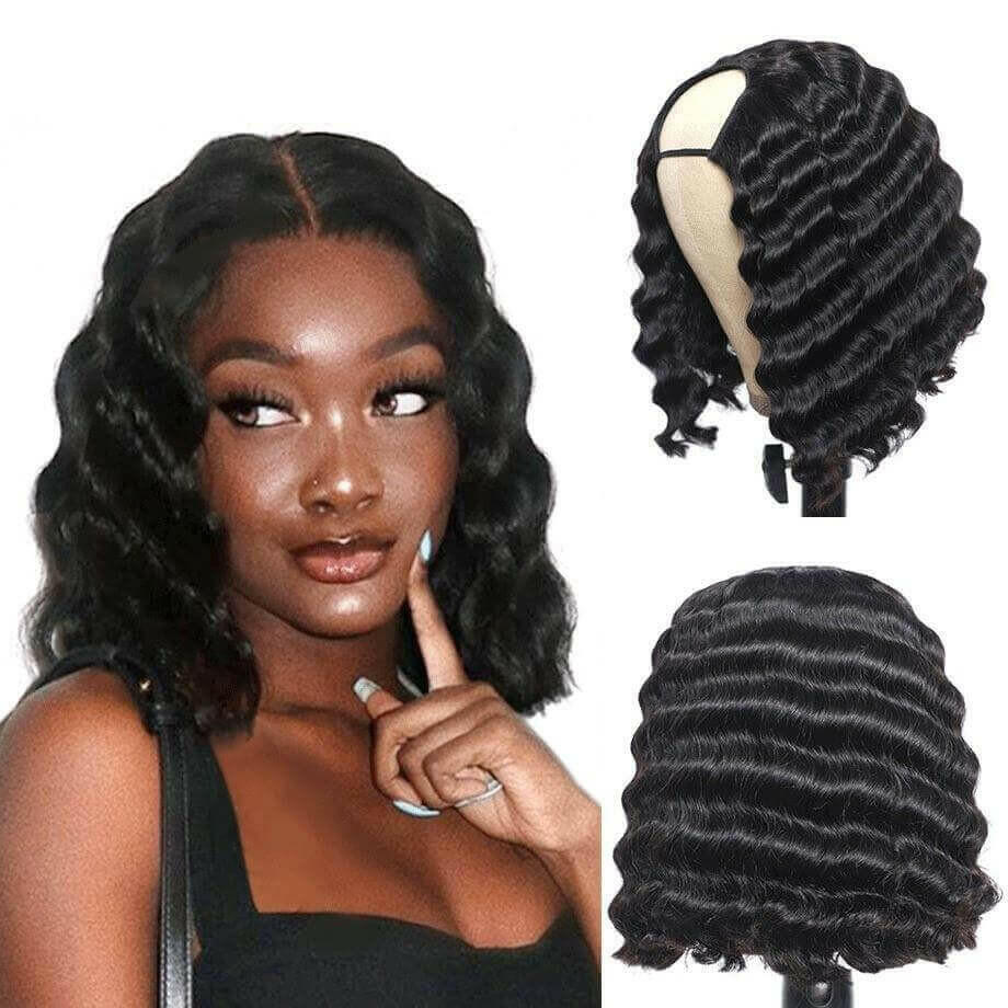 Short Bob U Part Wig Human Hair Loose Deep Wave Brazilian Remy Glueles.