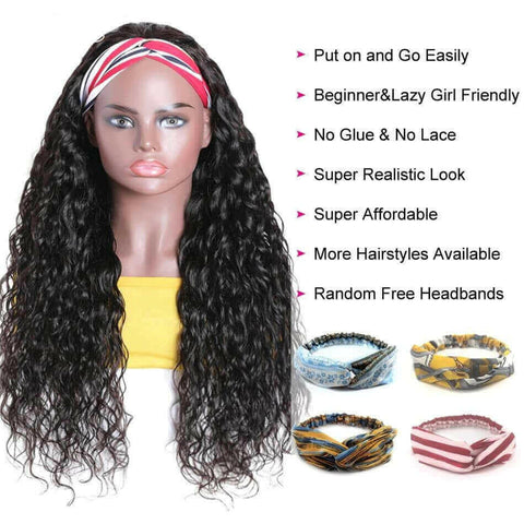 Headband Wig Water Wave Human Hair Scarf Wig No GLUE Easy Wear.