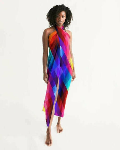 Sheer Sarong Swimsuit Cover Up Wrap / Red Block Multicolor.