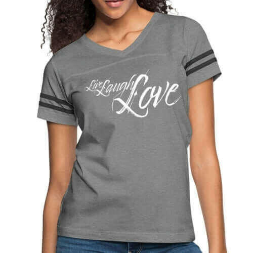 Womens Graphic Vintage Sport T-shirt, Live Laugh Love Illustration.