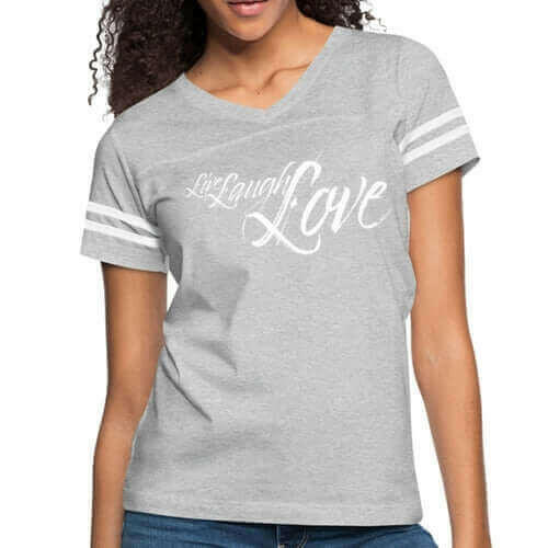 Womens Graphic Vintage Sport T-shirt, Live Laugh Love Illustration.