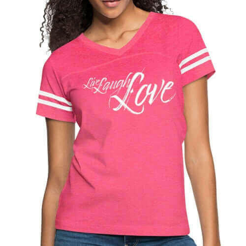 Womens Graphic Vintage Sport T-shirt, Live Laugh Love Illustration.