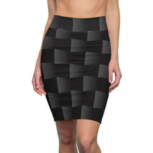 Womens Pencil Skirt, High Waist Stretch, 3D Black Squares.