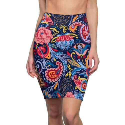 Womens Pencil Skirt, High Waist Stretch, Multicolor Floral Print.