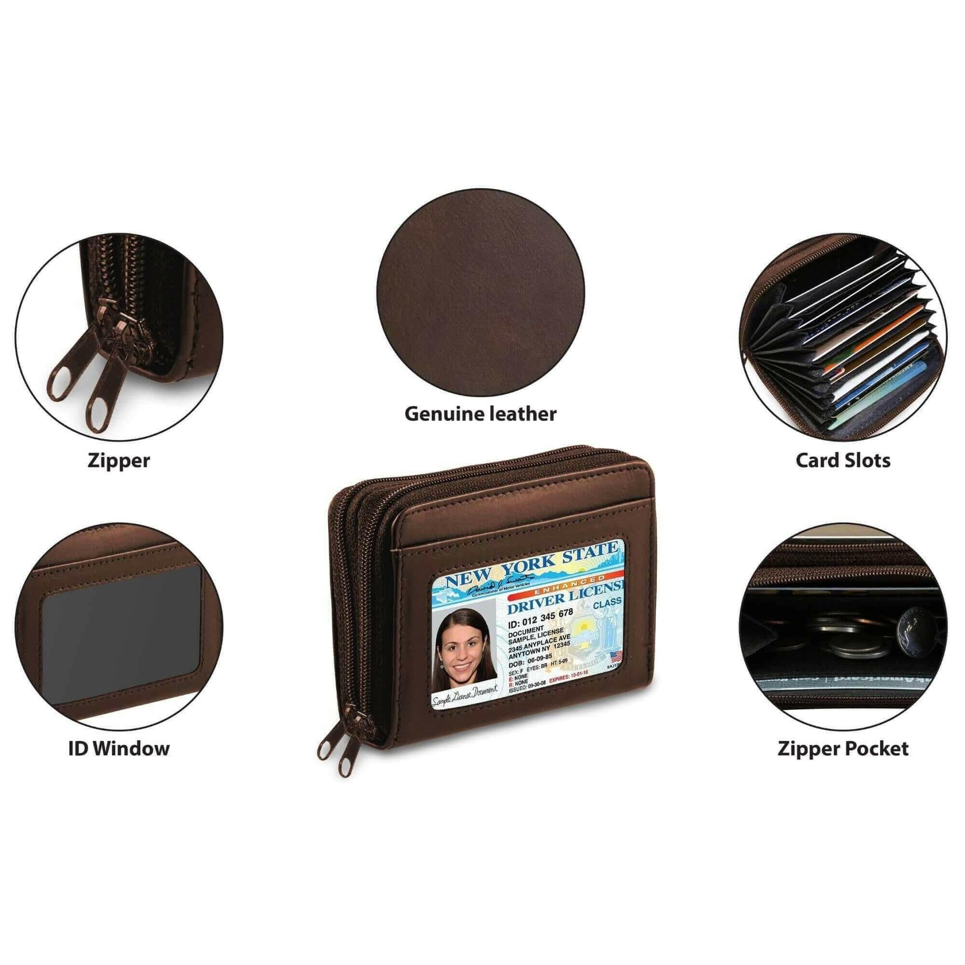 RFID Genuine Leather Credit Card Wallet for Women w/ ID Display Window.