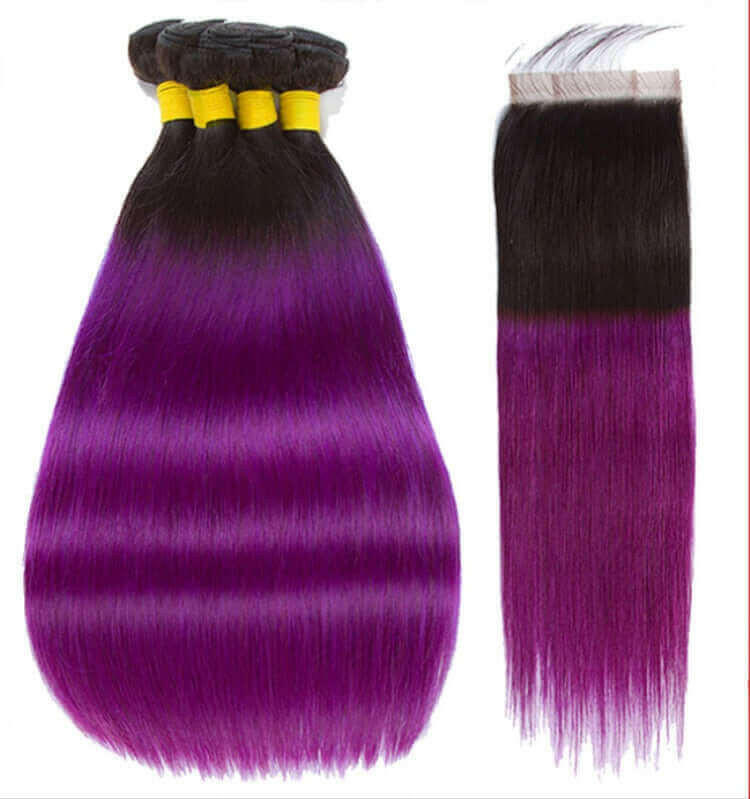 Purple 10A Grade Silver #1B/ purple  3/4 Straight BUNDLES with CLOSURE.